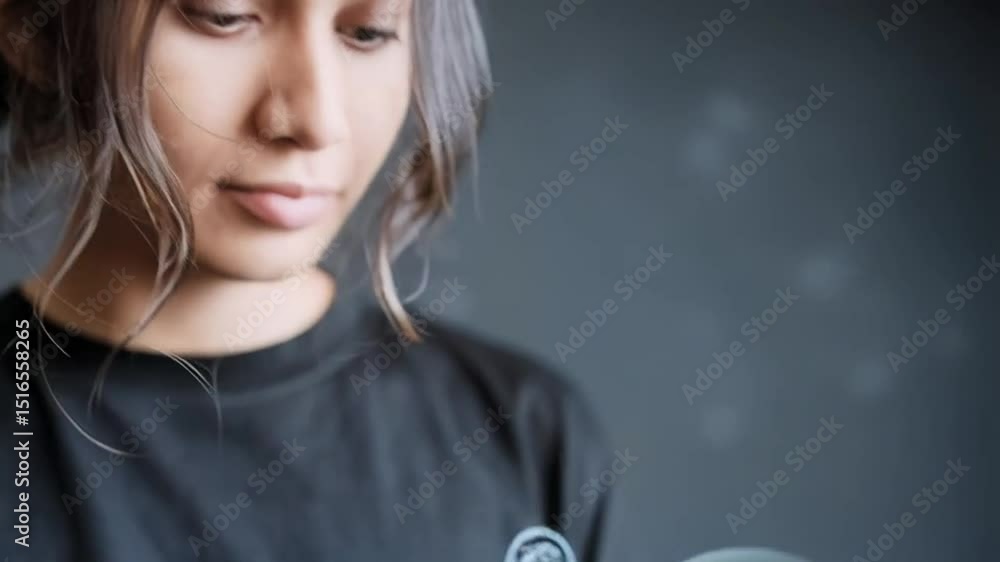 Poster Person interacts with digital interface displaying customer review and profile icon on phone screen