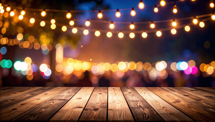 Colorful bokeh and retro string lights create festive atmosphere