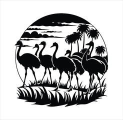 Obraz premium Vector illustration of a tropical island silhouette with a pink flamingo and palm tree.