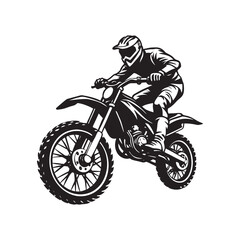 Motocross rider on a white background, isolated black silhouette jumping a sport motorcycle with speed