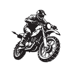 Black silhouette vector illustration of a motocross sport biker riding a motorcycle at speed, performing a stunt jump