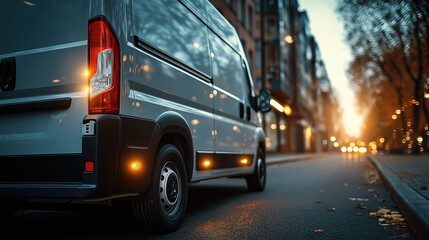 Delivery van with open rear doors, ready for the day. Efficiency in motion, urban logistics at work.