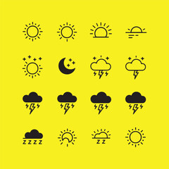 Weather icons set sun moon clouds and lightning in flat style