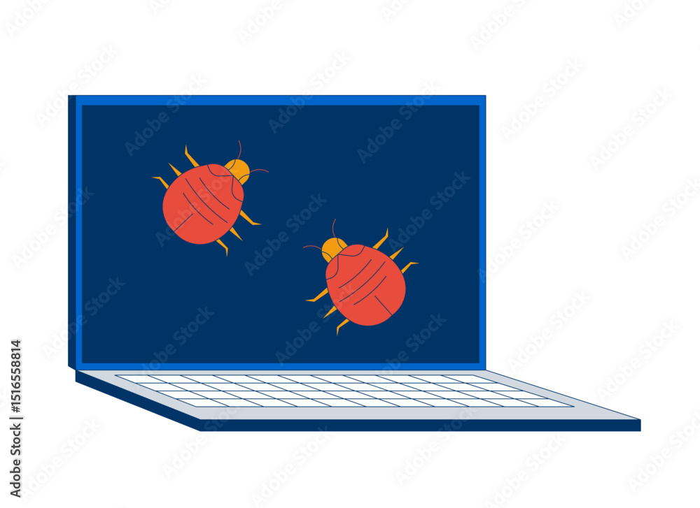 Poster computer bugs crawling on laptop screen 2d cartoon object. software viruses glitches. cybersecurity.