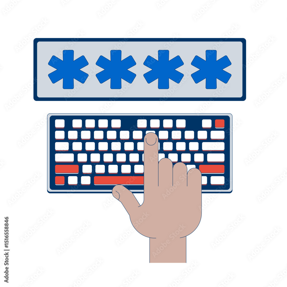 Poster password entry on keyboard vector illustration. user authentication. hand pressing key on computer k