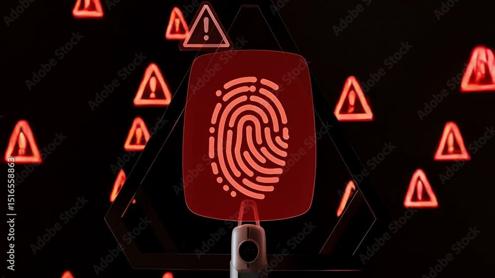 Aufkleber fingerprint scanner with warning signs and a hand touching the sensor in red light theme