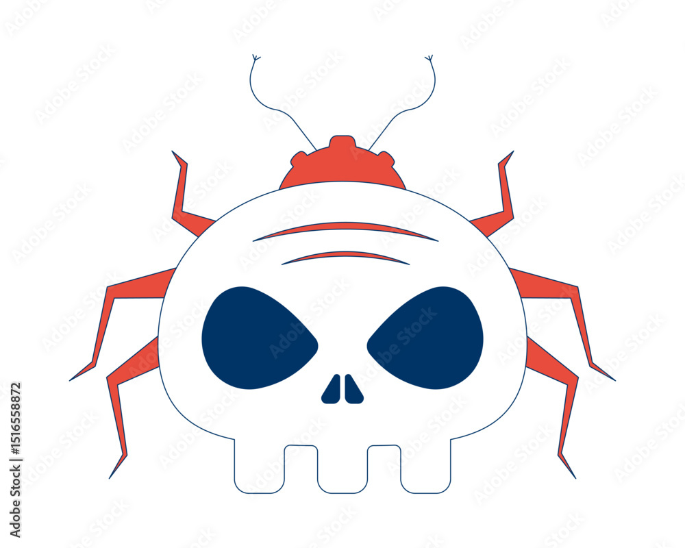 Poster cyber bug with skull face 2d cartoon object. malware, computer virus insect. crawling beetle skeleto