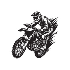 Black silhouette vector illustration of a motocross sport biker riding a motorcycle at speed, performing a stunt jump