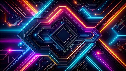 Abstract geometric artwork featuring glowing neon lines in dynamic, colorful digital composition.