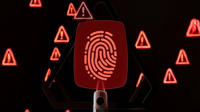 Fingerprint scanner with warning signs and a hand touching the sensor in red light theme
