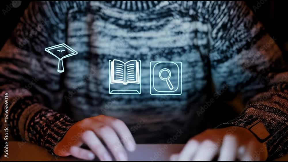 Aufkleber person typing on keyboard with digital icons of education and research overlayed on the image