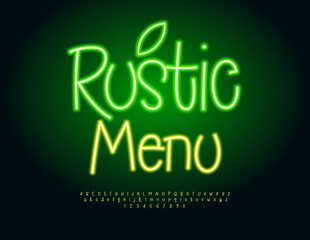Vector Illuminated board Rustic Menu with decorative Leaf. Led Light Green Font. Glowing Alphabet Letters and  Numbers set