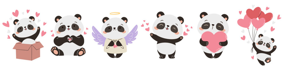 Naklejka premium A set of flat vector illustrations in a simple children's style. Cute illustrations for valentine's day. Cute pandas with hearts, flying on balloons and jumping out of a box. Vector illustration