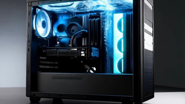 Illuminated high-end computer case with internal components and vibrant blue cooling lights on a dark background, close-up view