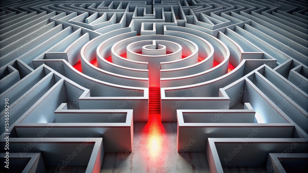Poster illuminated path through a complex labyrinthine structure leading to a central red-lit staircase