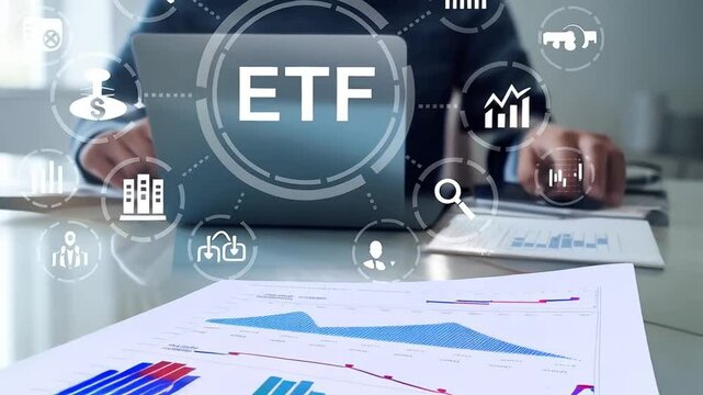 Person using laptop with etf graphic and business icons overlaying the screen in a modern office