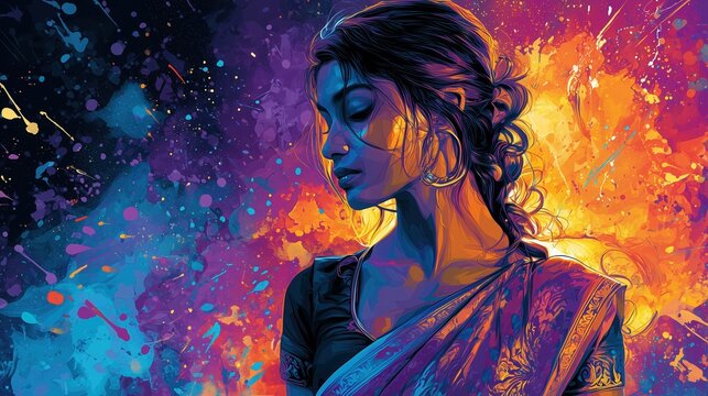 Colorful Pop Art Portrait of Indian Woman in Traditional Sari