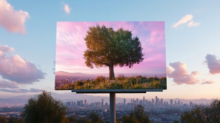 Large digital billboard displaying vibrant tree image with city skyline and pink sky background du daylight