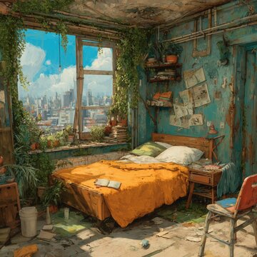 Cozy Urban Bedroom with Plants and City View