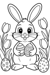 Coloring page easter bunny holding eggs surrounded by tulips isolated on white background