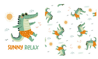 Set of vector prints for printing on children's products. Cute crocodile in swim trunks and sunglasses, caption. Seamless vector pattern. Vector illustration