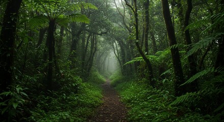 Obraz premium Misty Forest Path: A Serene Jungle Trail