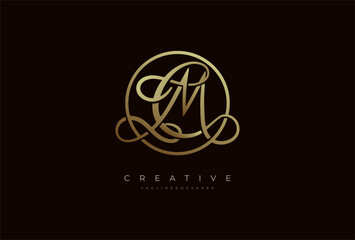 Abstract initial letter CM calligraphy Logo, Luxury letter CM in gold circle design, vector illustration