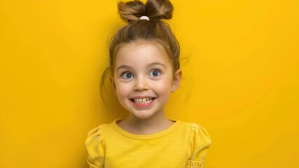 Surprised little girl with open mouth on yellow background - Powered by Adobe