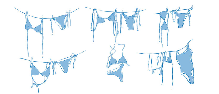 Hand drawn blue bikini collection vector. Hand drawn bikini hanging on  clothesline vector  collection