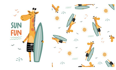 Set of vector prints for printing on children's products. Cute giraffe holding a surfboard, caption. Seamless vector pattern. Vector illustration