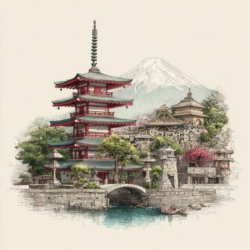 Japanese Pagoda and Temple Landscape Drawing with Mount Fuji