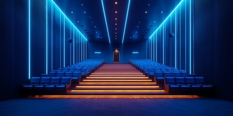 Empty modern movie theater with blue neon lighting and tiered seating.  Perfect for film, entertainment, and luxury concepts.