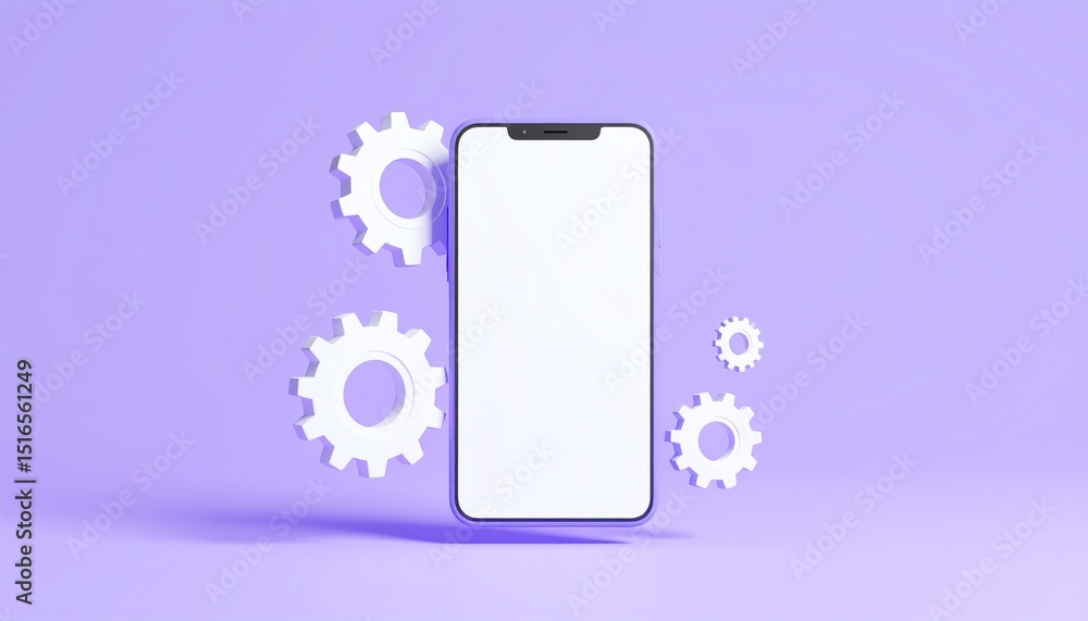 Poster smartphone with blank white screen with gears emitting from its display against a purple background 