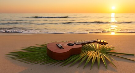 Ukulele on tropical leaf mat in sand