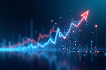 Neon glowing stock market graph with an arrow pointing upwards over a futuristic cityscape view