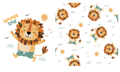 Set of vector prints for printing on children's products. Cute lion in swimming trunks, caption. Seamless vector pattern. Vector illustration