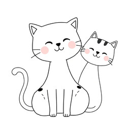 Cute cartoon illustration of two smiling cats with blush cheeks. Minimalist line art style perfect for children's designs, greeting cards, nursery decor, and kawaii-themed artwork