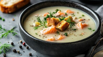 A close-up of Finnish salmon soup with fresh herbs, soft vegetables, and crispy croutons in a creamy broth, on a gray background.