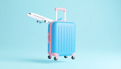 Obraz premium Mockup of suitcase with plane on top against isolated background representing travel and leisure for tourists and vacationers
