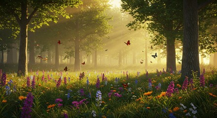 Sunlit Forest Meadow with Colorful Flowers and Butterflies