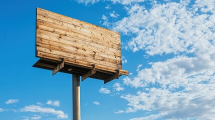 Blank wooden billboard signboard on metal pole against blue sky with fluffy clouds for advertising or signage concept