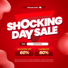Shocking day Shopping Sale discount deals Dynamic deep Red gradient Editable text effect Fluid pop Marketing Promotion Square banner