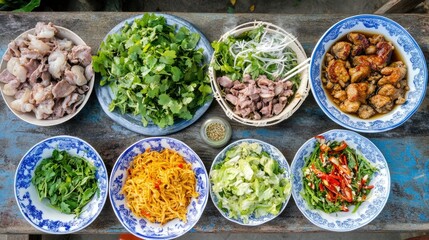 A top-down view of an Asian dining table filled with steaming bowls of soup, grilled meats, and stir-fried vegetables.