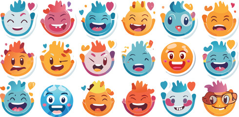 Fototapeta premium Vector Collection of Vibrant Cartoon Emoji Faces in Grid Layout with Colorful Expressions and Whimsical Details on a Clean White Background