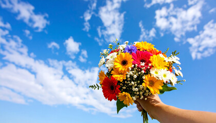 Hand holding bouquet of flowers under blue sky.