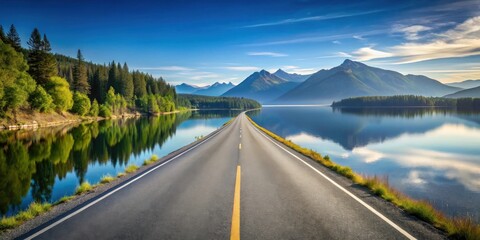 Asphalt ribbon unwinding towards tranquil lake mirroring majestic mountains under a vibrant sky