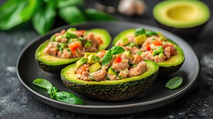 Gourmet take on keto tuna stuffed avocado, served in modern styling with elegant plate and moody lighting