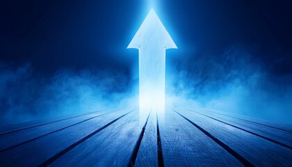 Fototapeta premium a vibrant arrow of light towers over a wooden platform piercing through mysterious blue mist