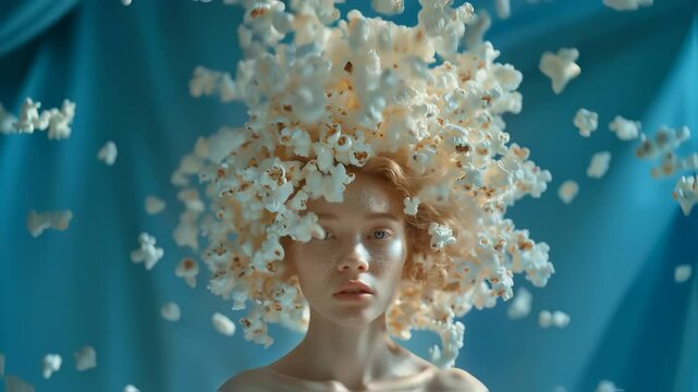 Young woman with curly hair surrounded by falling popcorn against blue background. Dreamy artistic portrait with floating white kernels creating dramatic hair effect.