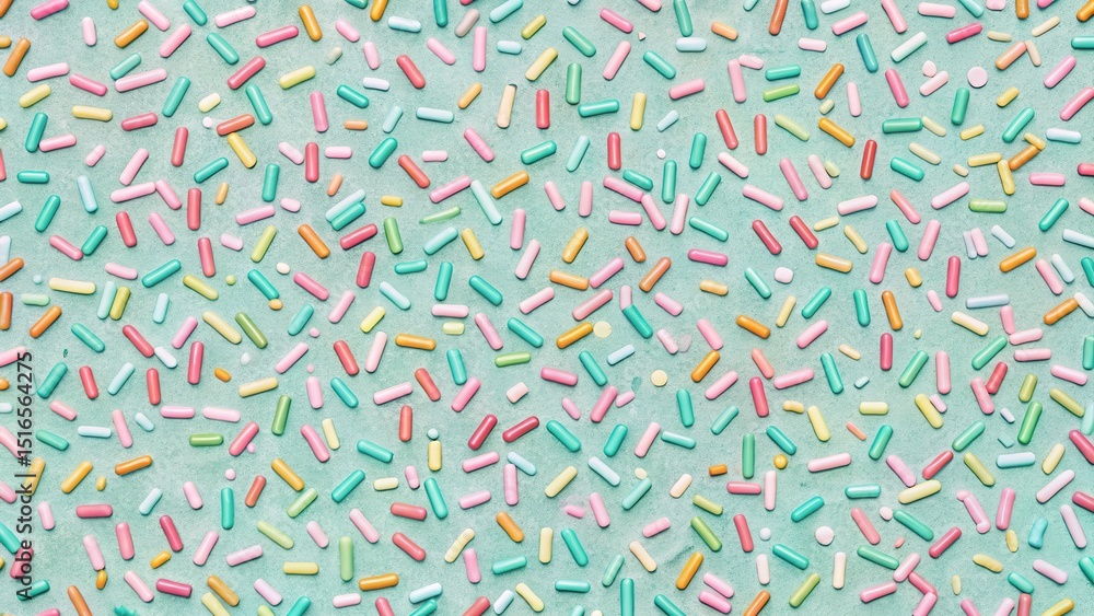 Poster A vibrant array of pastel-colored sprinkles scattered across a soft teal surface, creating a delightful and whimsical texture.